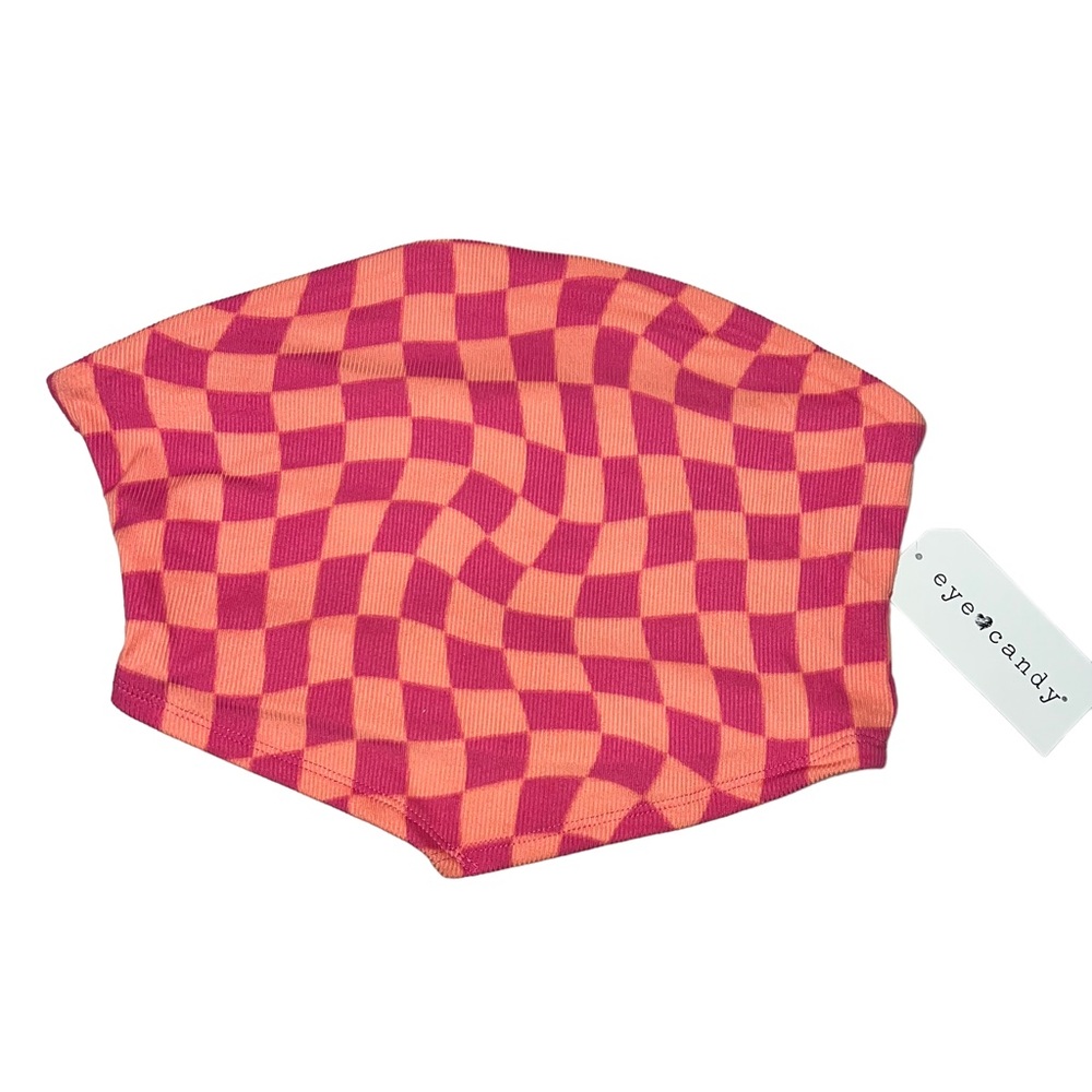 NEW Eye Candy Pink Checkered Strappy Open Back Crop Tank Top Women’s Size Medium